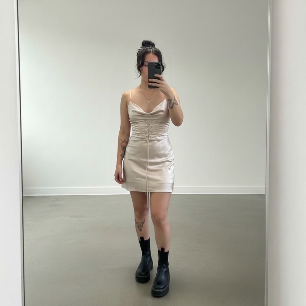 Kiss The Sky Off-White Satin Mini Slip Dress Corset Lace-Up Cowl Neck